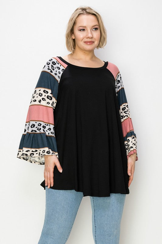 PSFU Black Animal  Leopard Stripe Sleeve Top