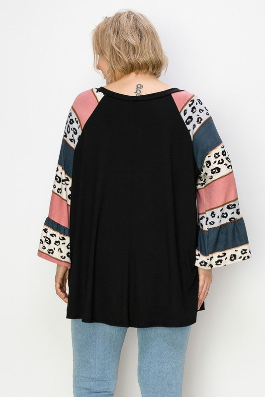 PSFU Black Animal  Leopard Stripe Sleeve Top
