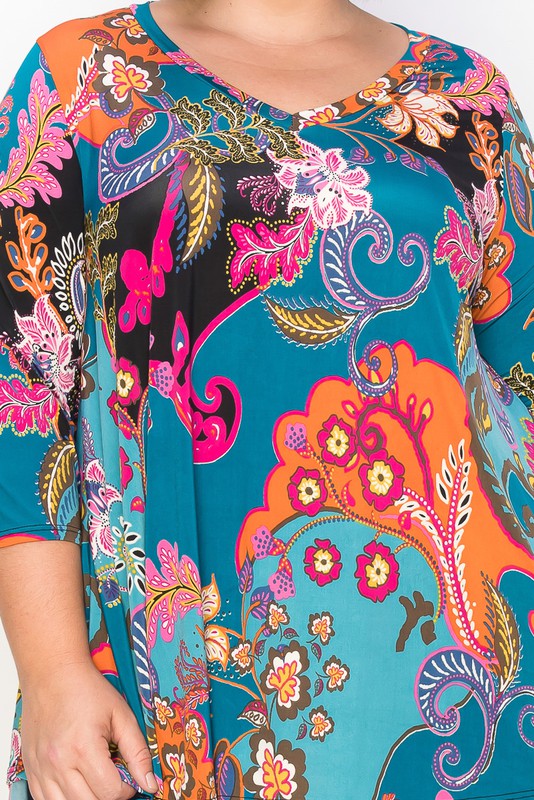 Teal Floral Paisley V Neck Top
