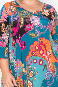 Teal Floral Paisley V Neck Top