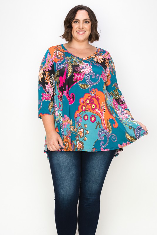 Teal Floral Paisley V Neck Top