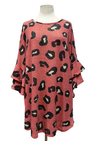 Heathered Red/Pink Leopard Print Top Double Ruffle Sleeves