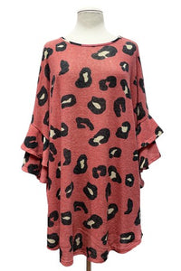 Heathered Red/Pink Leopard Print Top Double Ruffle Sleeves