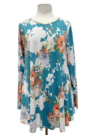 Beautiful Teal Floral Top w Long Sleeves