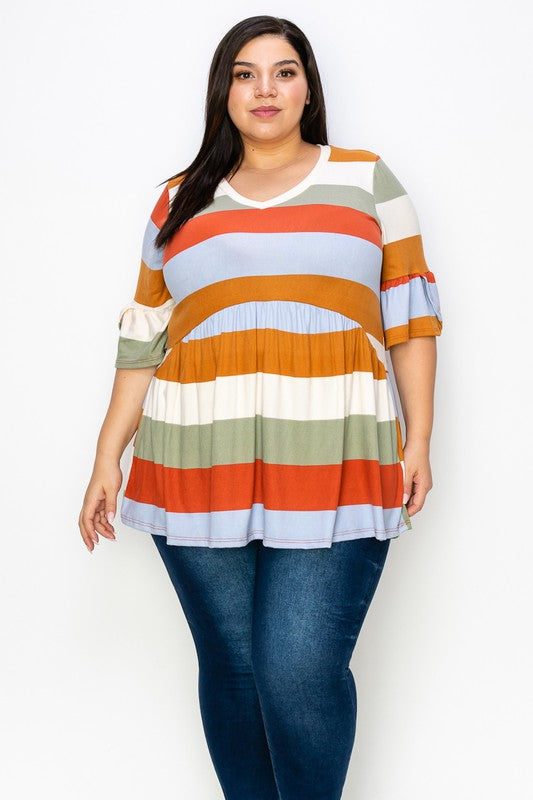 Stripe Babydoll V Neck Top