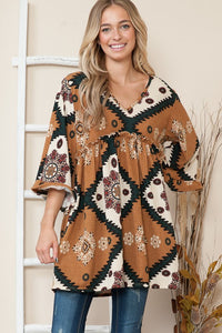 Camel Colored Aztec Print Tunic Top Ruffle Sleeve