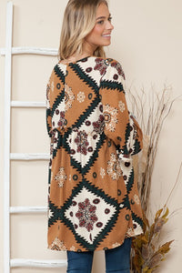 Camel Colored Aztec Print Tunic Top Ruffle Sleeve