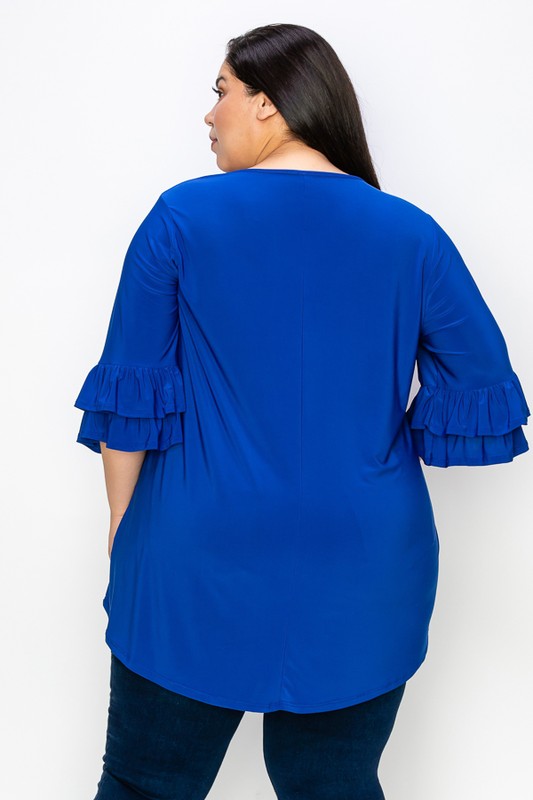 PSFU Blue Caged Neck X Neck Shirt Top w Ruffle Sleeve