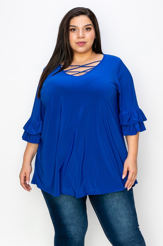PSFU Blue Caged Neck X Neck Shirt Top w Ruffle Sleeve