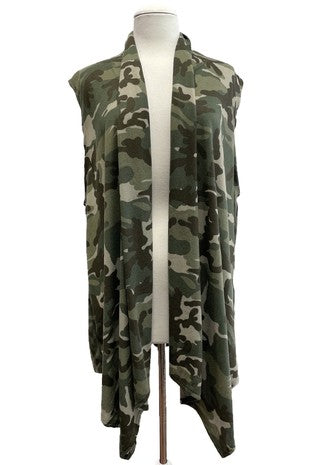 Camo Print Open Front Vest Sleeveless Cardigan