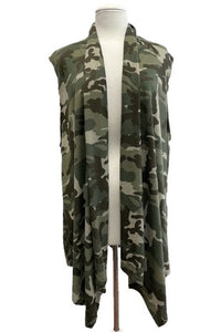 Camo Print Open Front Vest Sleeveless Cardigan