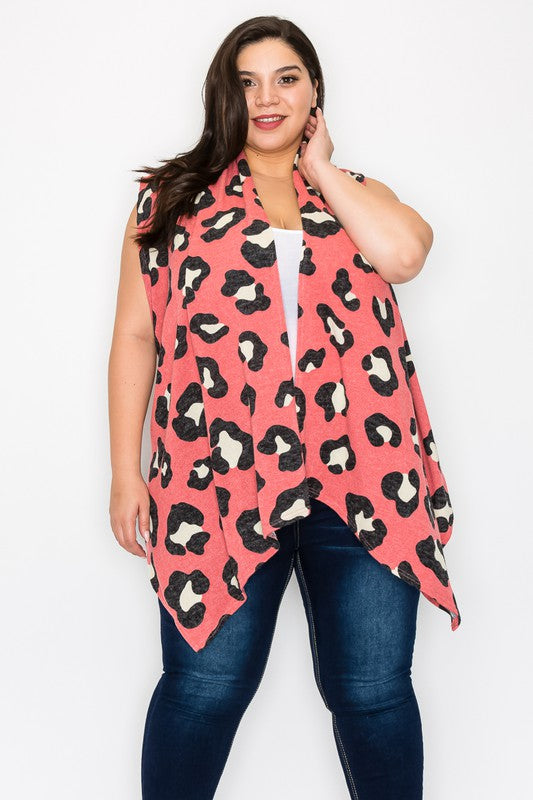 Heathered Red Leopard Print Open Front Vest Cardigan