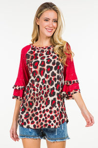 Red Leopard Shirt Top w Ruffle Sleeves