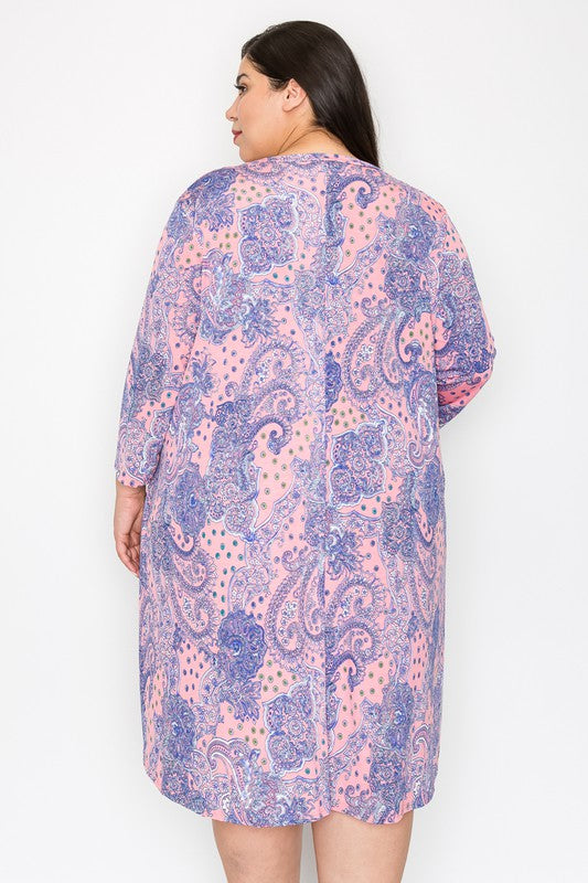 Pink Purple Paisley V Neck Dress w Pockets