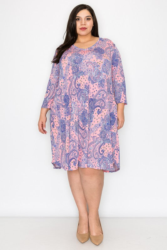 Pink Purple Paisley V Neck Dress w Pockets