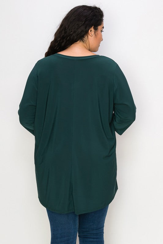 PSFU Solid Green V Neck Shirt Top 3/4 Sleeves