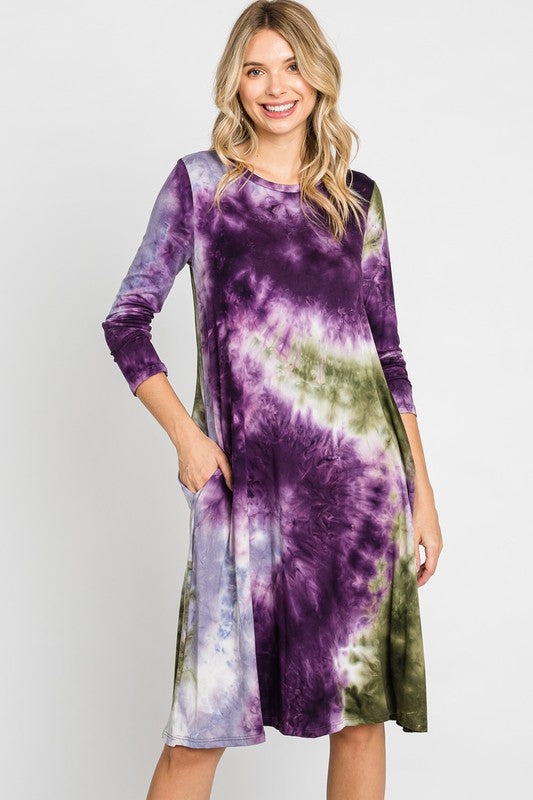 Tie Dye Print Dress w Pockets