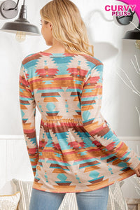 Aztec Print Shirt Top with Ruffled Detail
