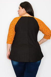 PSFU Black Body Top Shirt with Orange Floral Sleeves