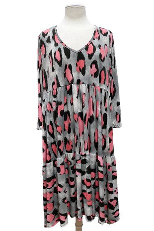 Gray & Pink Leopard Tiered Dress