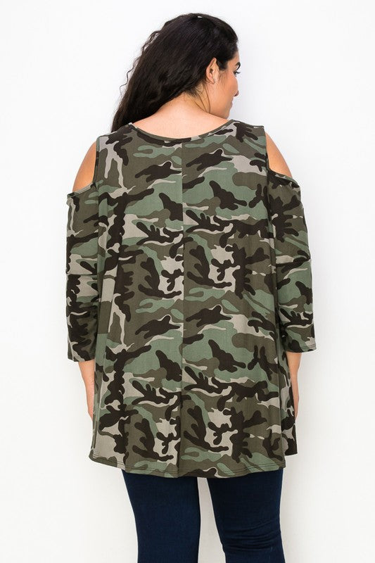 PSFU Camo Cold Shoulder Shirt Top