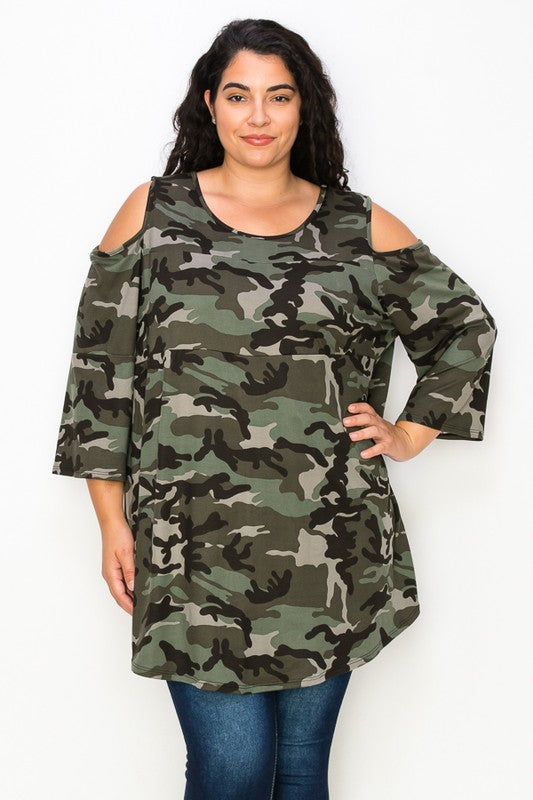 PSFU Camo Cold Shoulder Shirt Top