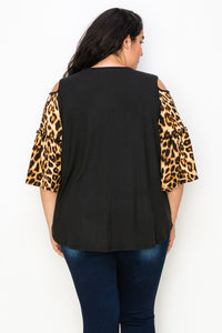 PSFU Black Leopard Cold Shoulder Shirt Top