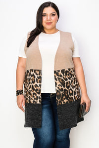 Leopard and Solid Open Sweater Vest Sleeveless Cardigan