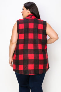 Red & Black Plaid Open Front Vest Cardigan
