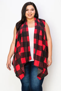 Red & Black Plaid Open Front Vest Cardigan