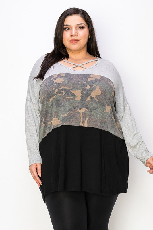 PSFU Gray Camo Black X Neck Top