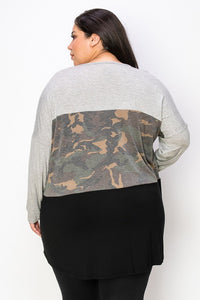 PSFU Gray Camo Black X Neck Top