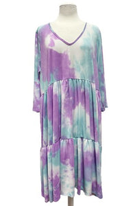 Tiered Ruffled Tie Dye Dress 3Qtr Sleeves