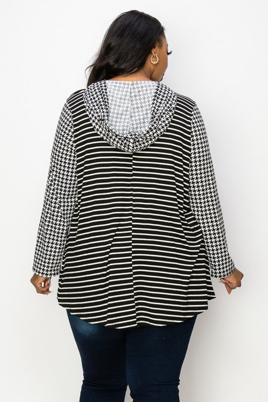 PSFU Black & White Houndstooth Stripe Hoodie Hooded Top