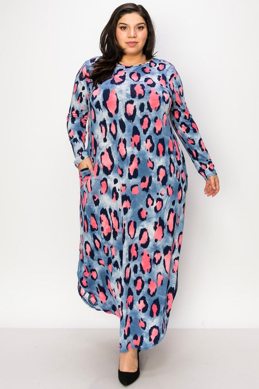 Blue Gray Pink Leopard Animal Print Maxi Dress