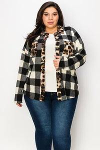Plaid Print Buttoned Shirt Shacket with Leopard Pockets