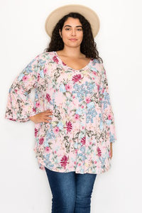 Pink Floral V Neck Top w Bell Sleeves