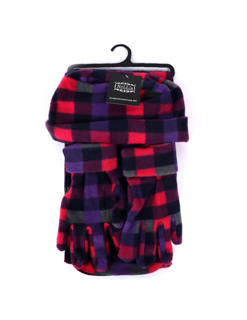 Pink Purple Navy Gray Plaid Scarf Glove and Hat Set