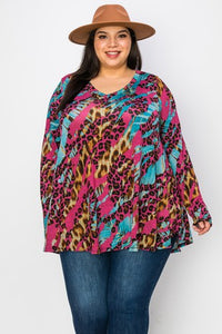 Pink Teal Leopard Long Sleeve Shirt Top