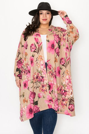 Beige Pink Floral Open Front Cardigan