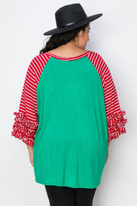 PSFU Christmas Top Shirt Green Body Red Stripe Sleeves