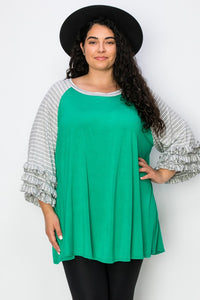 PSFU Green Top w Gray White Stripe Triple Ruffle Sleeves