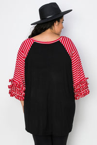 PSFU Candycane Sleeve Top Black w Red Stripe Sleeves Shirt