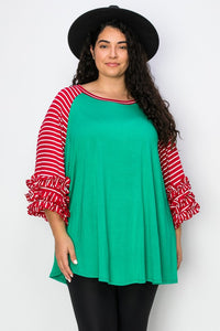 PSFU Christmas Top Shirt Green Body Red Stripe Sleeves