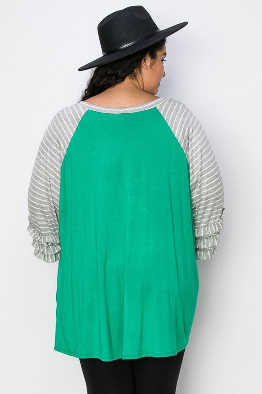 PSFU Green Top w Gray White Stripe Triple Ruffle Sleeves