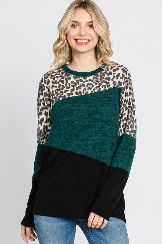 Leopard Green Black Colorblock Top Shirt