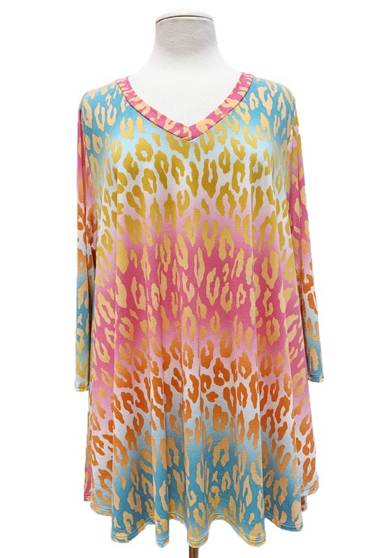 Pink Teal Multi Tie Dye-y Leopard Print Shirt Tunic Top