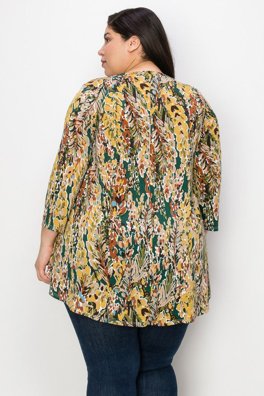 Yellow Green V Neck Floral Shirt Top w 3Qtr Sleeves