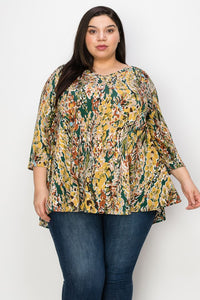 Yellow Green V Neck Floral Shirt Top w 3Qtr Sleeves