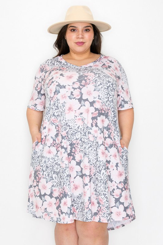Gray Pink Lacey Look Dress w Pockets